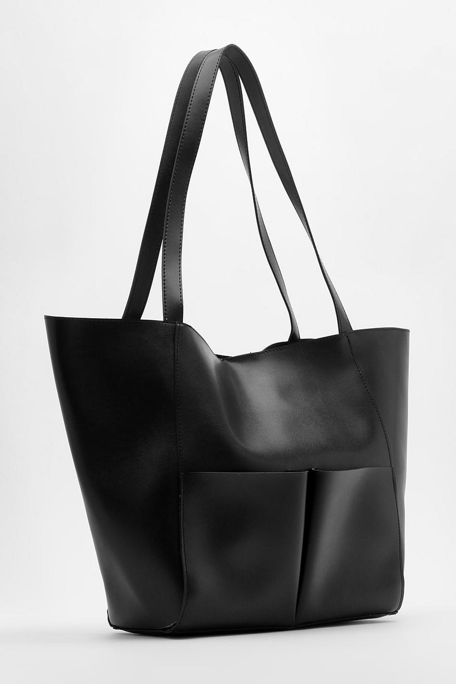 Black svart Double Pocket Tote Bag