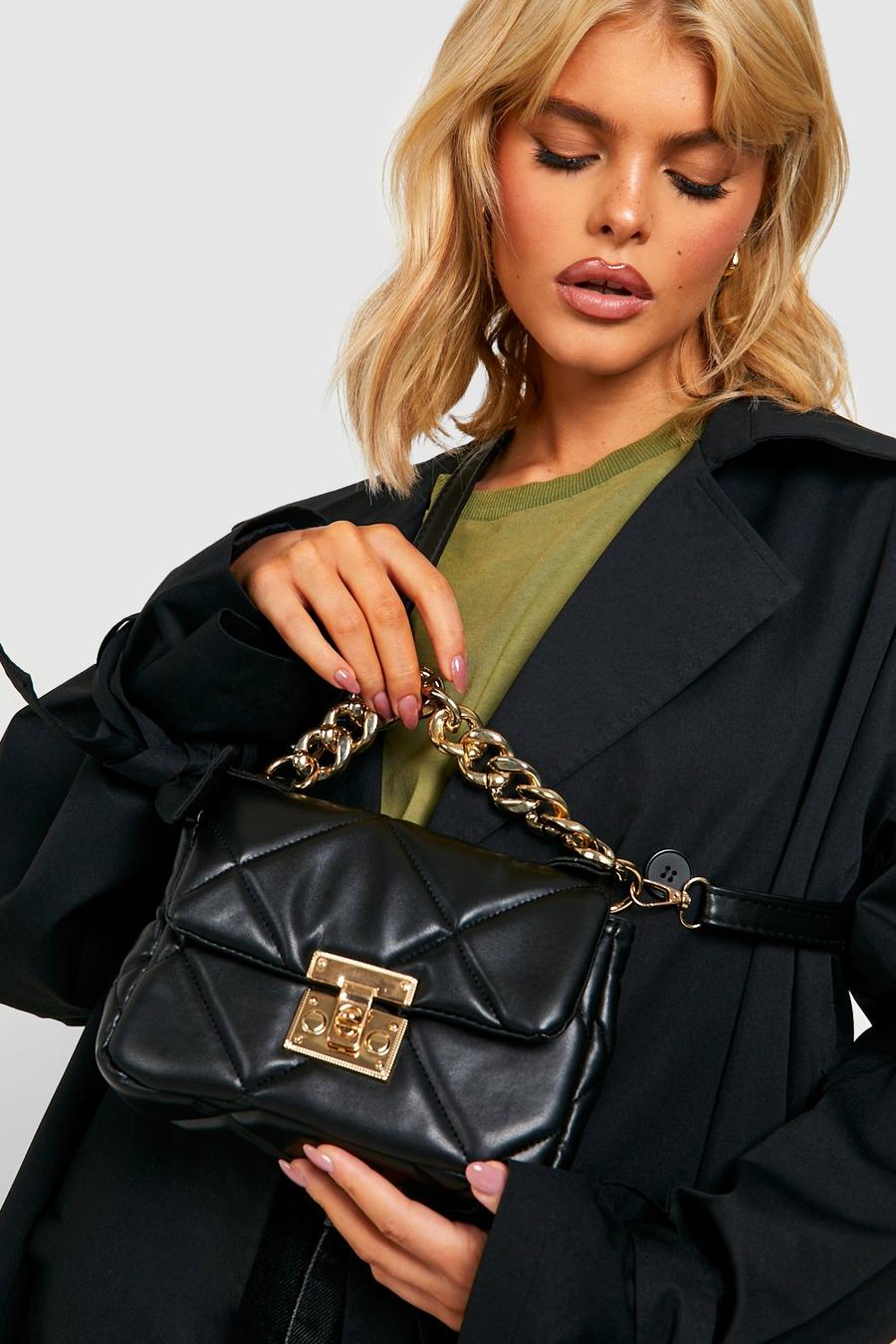 Black Chunky Chain Quilted Cross Body Bag