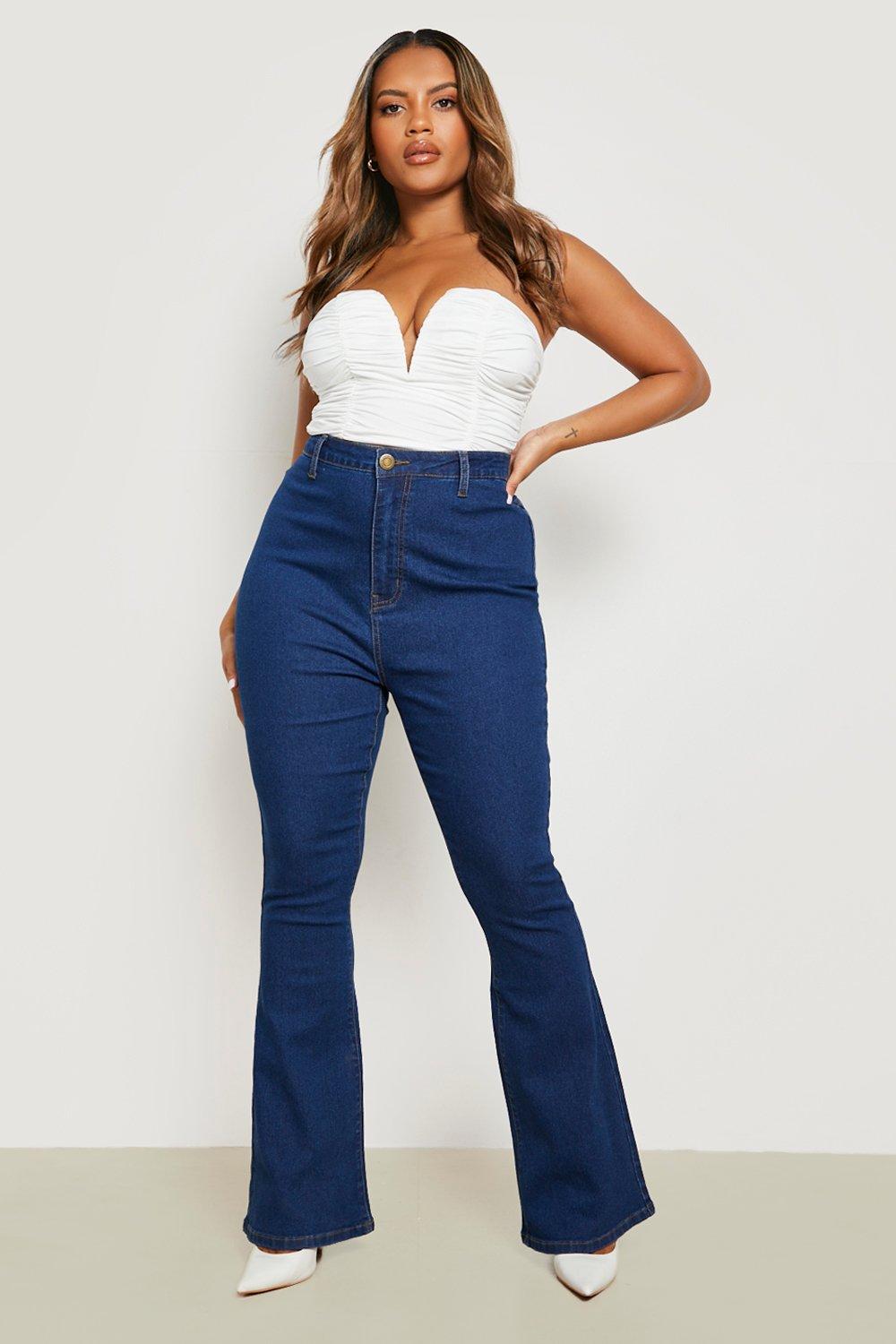 Plus High Waisted Frayed Hem Flare Jeans