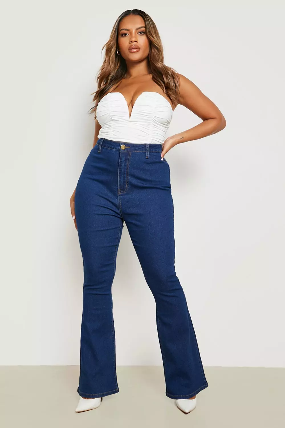 High Rise Frayed Hem Flare Jeans