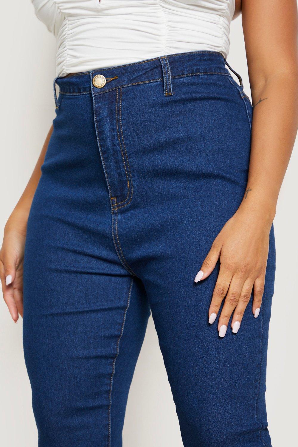 boohoo Plus Raw Hem Flared Denim Jeans - Blue - Size 22