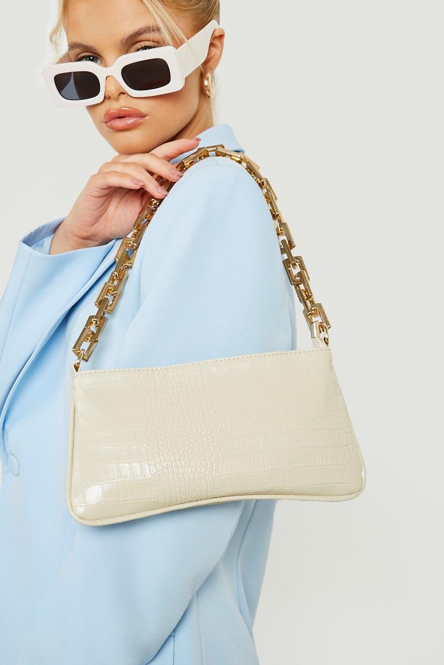 Cream vit Handväska med krokodilskinnseffekt och guldig kedja