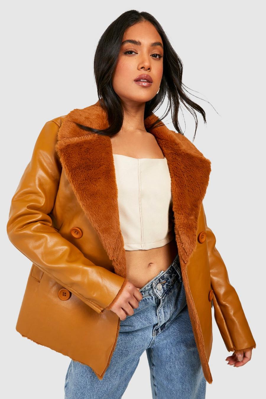 Tan Petite Double Breasted Aviator Jacket image number 1