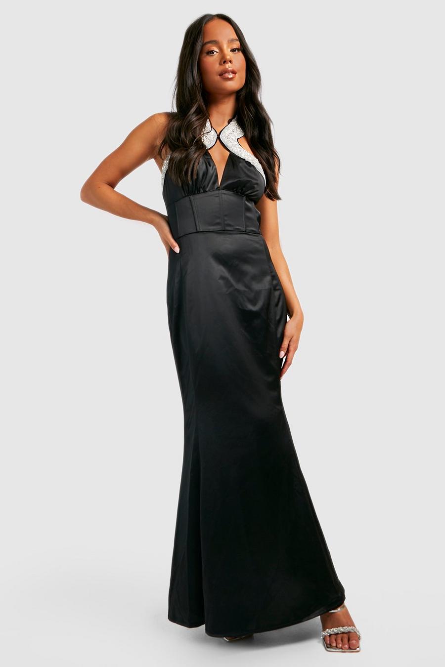 Black Petite Rhinestone Trim Corset Satin Maxi Dress image number 1