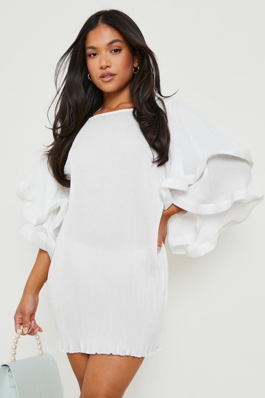 White Petite Plisserad klänning med volangärm image number 1