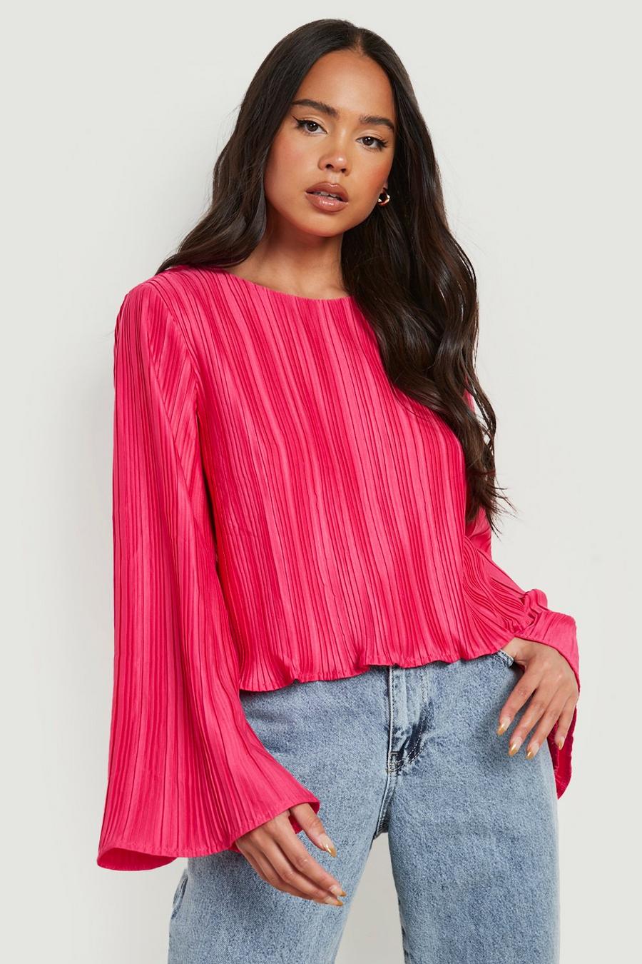 Hot pink rosa Petite Plisse Open Tie Back Frill Top