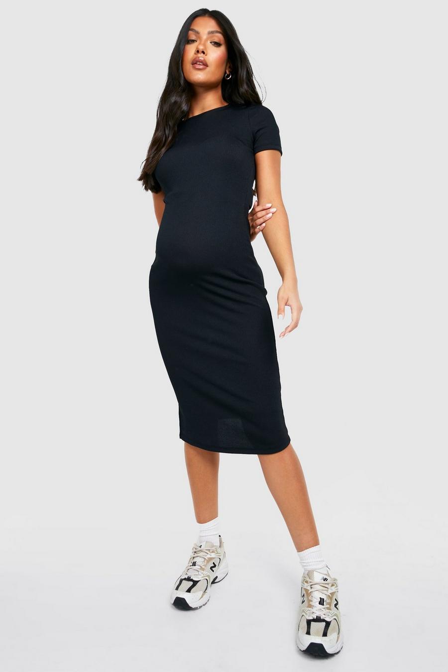 Black Maternity Rib Short Sleeve Midi Dress