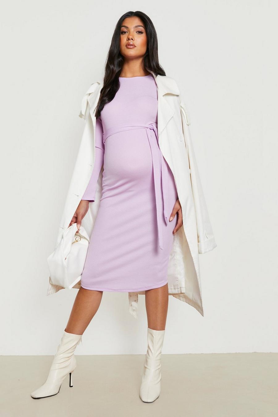 Lilac purple Maternity Rib Tie Waist Midi Dress