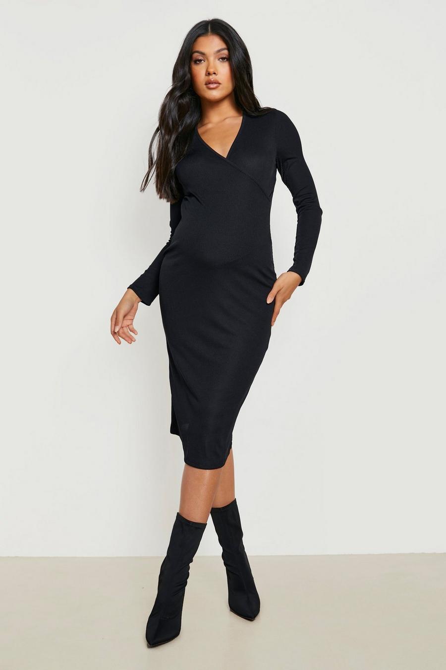 Black Maternity Rib Wrap Midi Dress image number 1