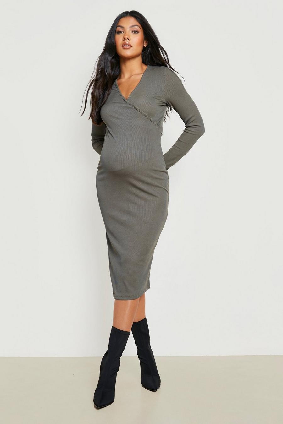 Khaki Maternity Rib Wrap Midi Dress