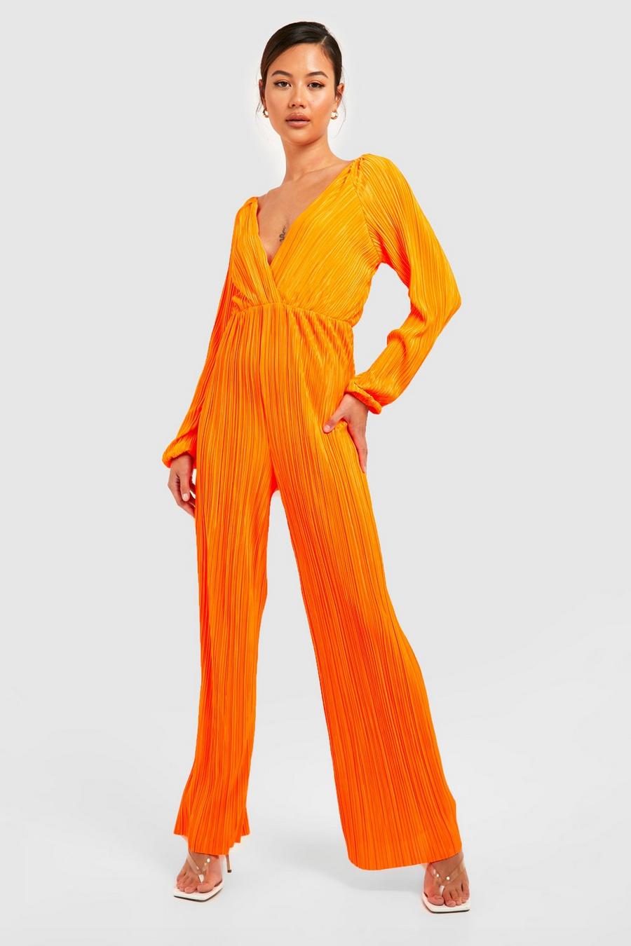 Orange Petite Jumpsuit Plisse Met Lange Mouwen En Rug Strik image number 1