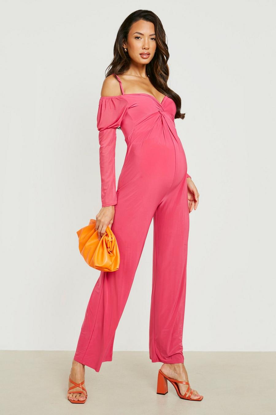 Hot pink Maternity Twist Front Mesh Jumpsuit image number 1
