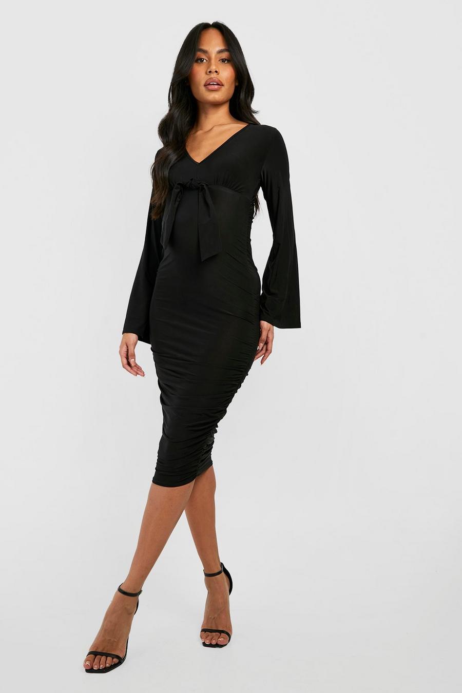 Black Maternity Ruched Midi Dress