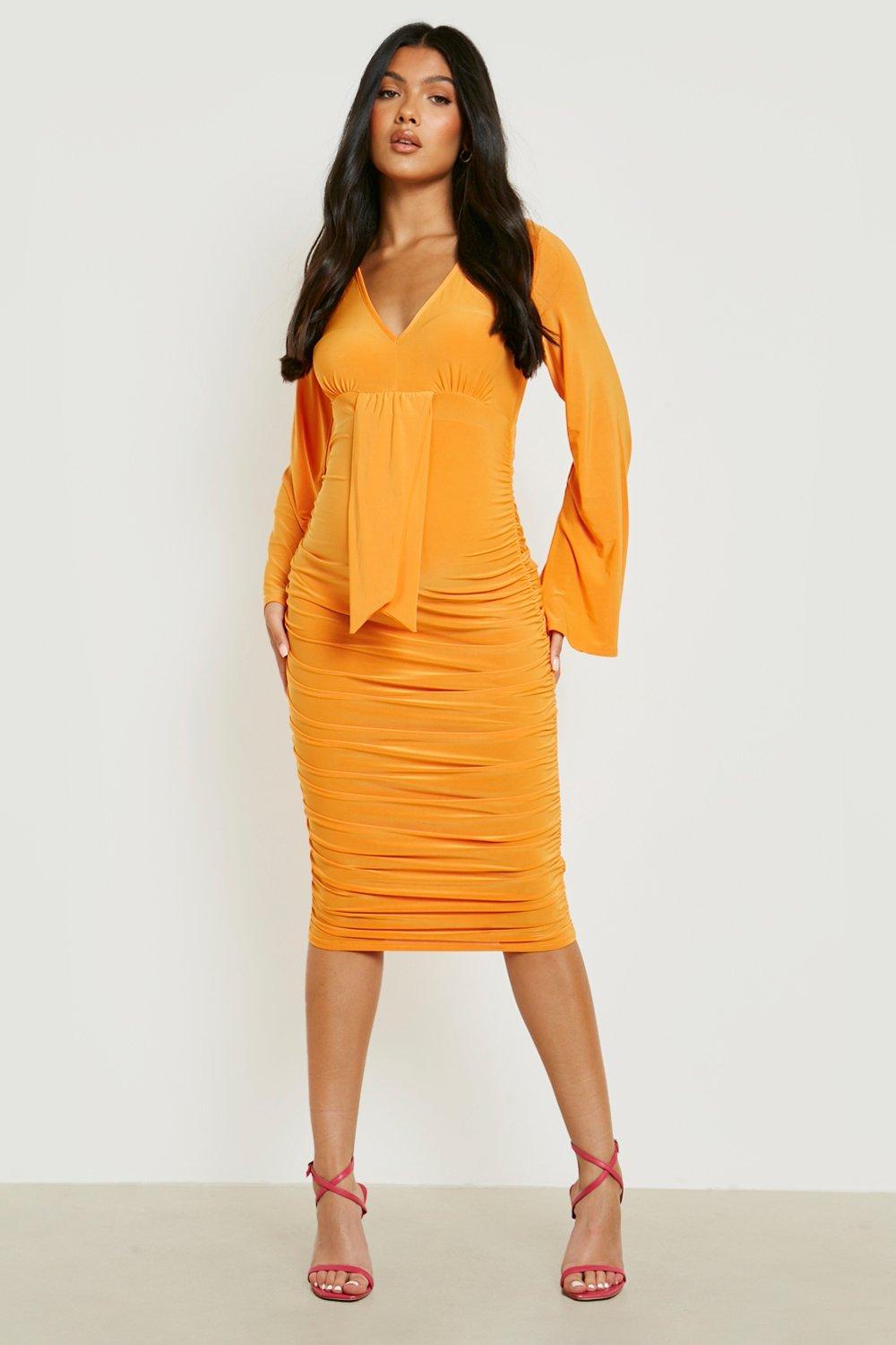 Burnt orange ribbed balloon hotsell sleeve ruched midi dress