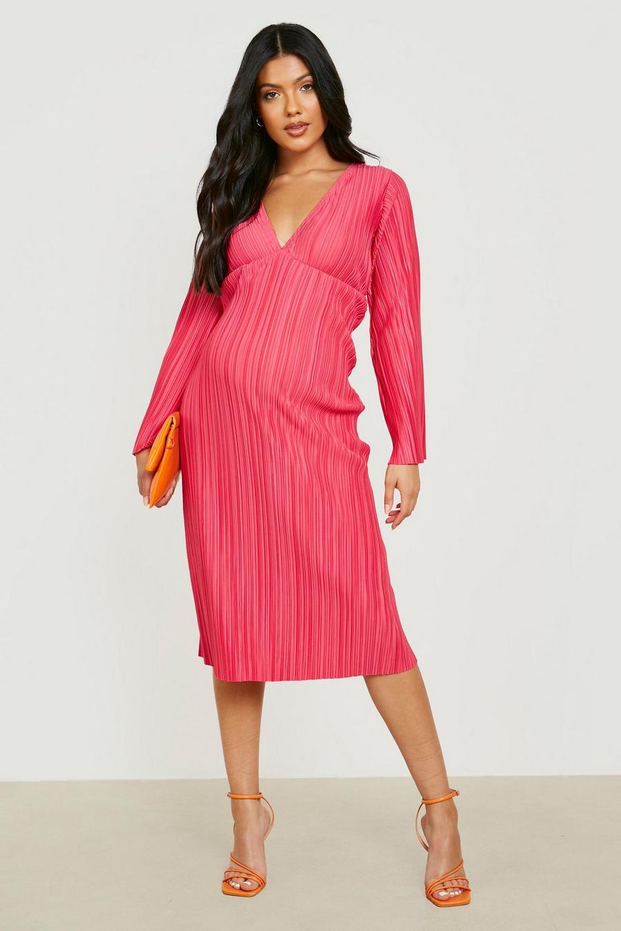 Hot pink Maternity Plisse Flare Sleeve Midi Dress image number 1