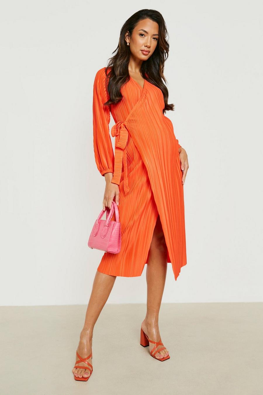 Orange Maternity Plisse Wrap Midi Dress