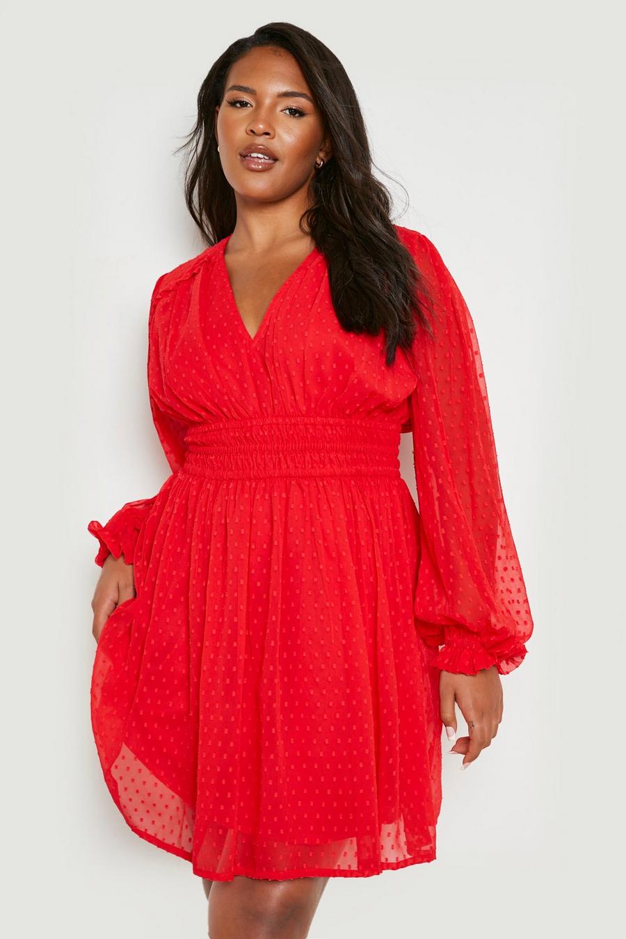 Grande taille - Robe plumetis à manches longues, Red