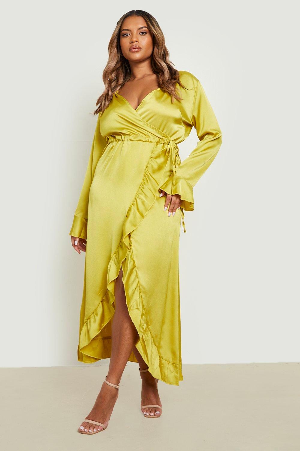 satin ruffle wrap dress