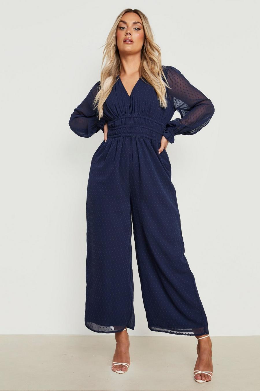 Navy Plus Dobby Wide Leg Jumpsuit  image number 1