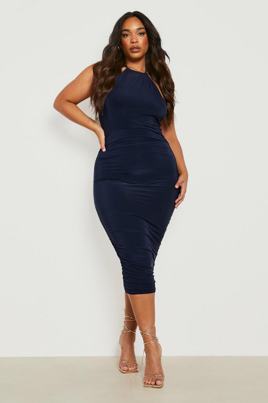 Navy Plus Double Slinky Halter Ruched Midi Dress