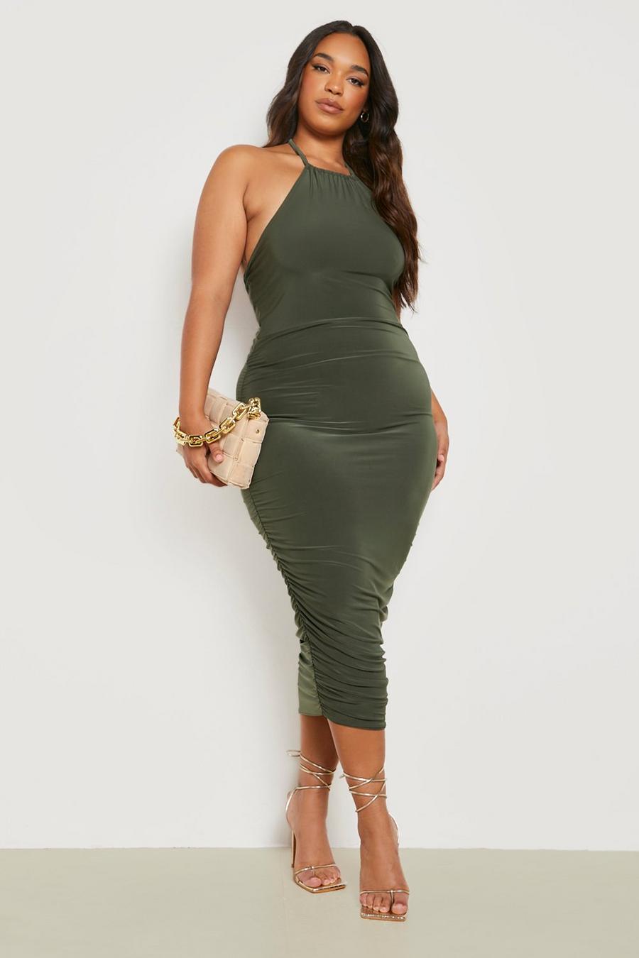 Olive Plus Double Slinky Halter Ruched Midi Dress image number 1