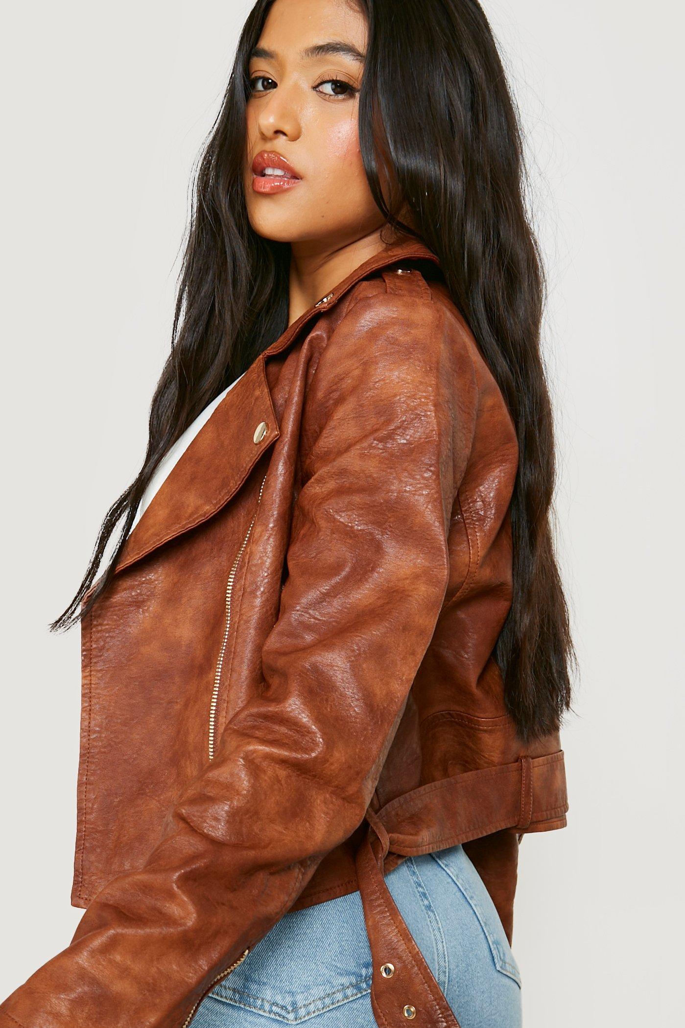 Petite Washed Pu Zip Detail Biker Jacket