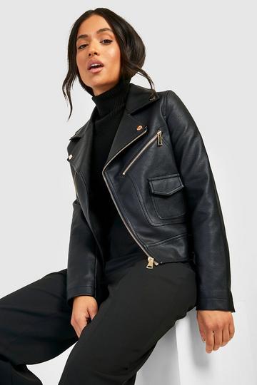 Petite Zip Detail Faux Leather Biker Jacket black