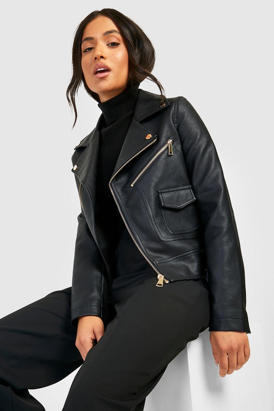 Black Petite Zip Detail Faux Leather Biker Jacket image number 1