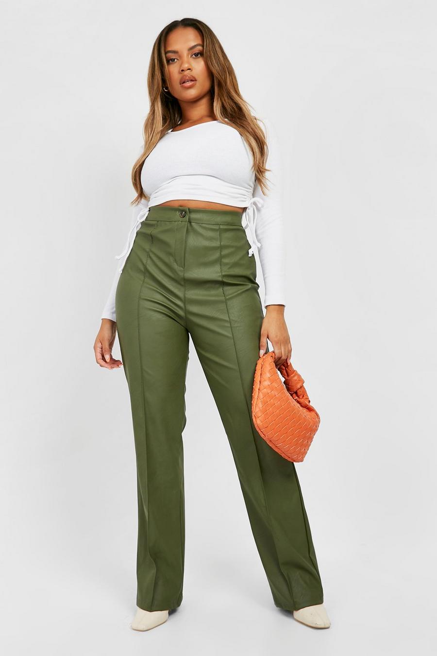 Khaki Plus Leather Look Seam Detail Trousers image number 1
