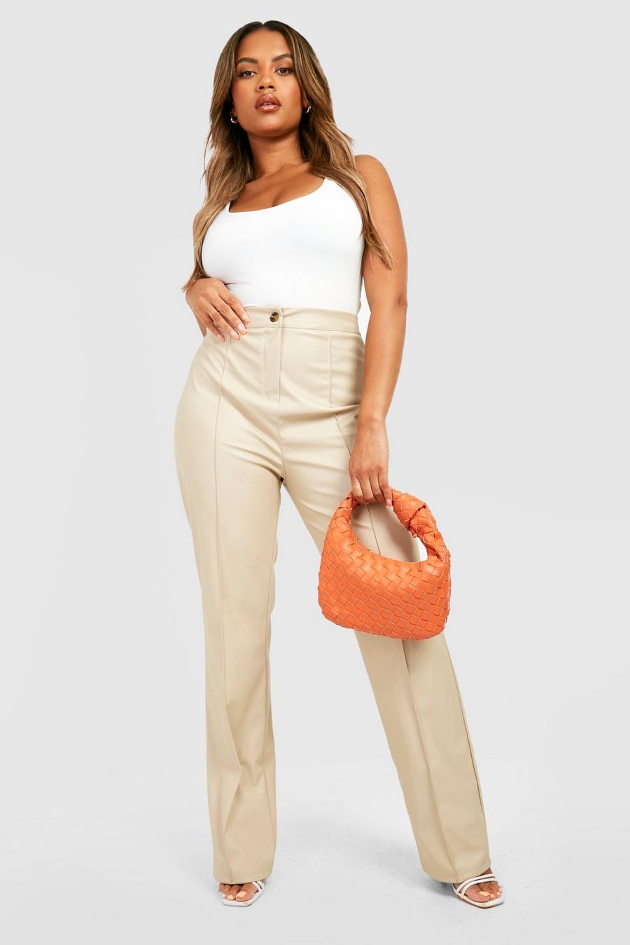 Sand Plus Leather Look Seam Detail Trousers