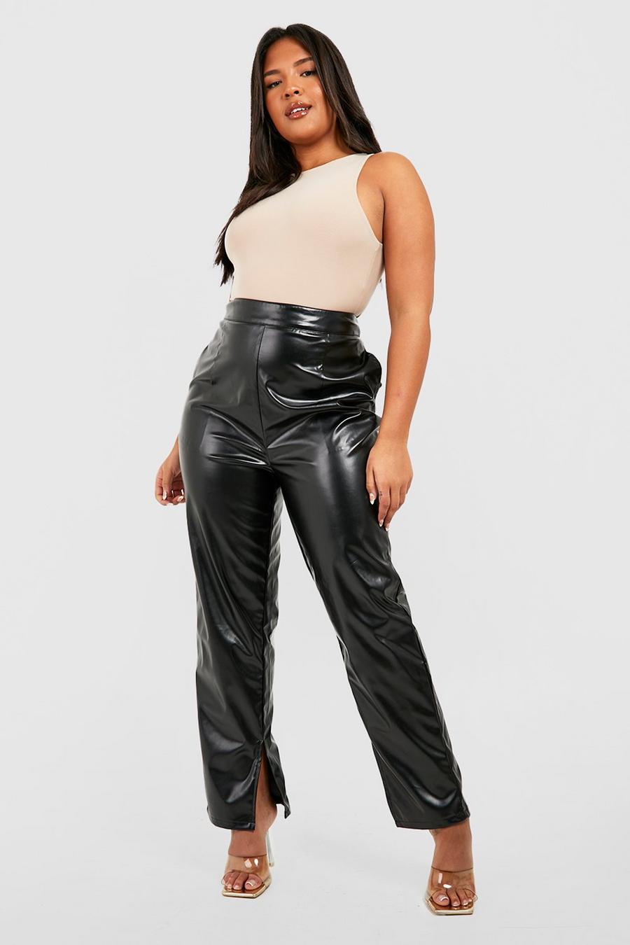 Black Plus Premium Pu Leather Look Split Hem Pants image number 1