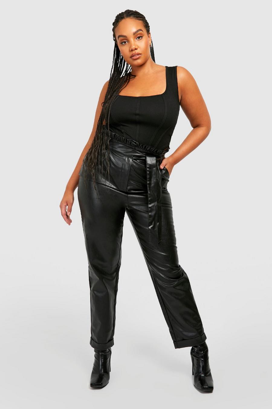 Pantaloni Plus Size Premium effetto pelle con vita a caramella, Black image number 1