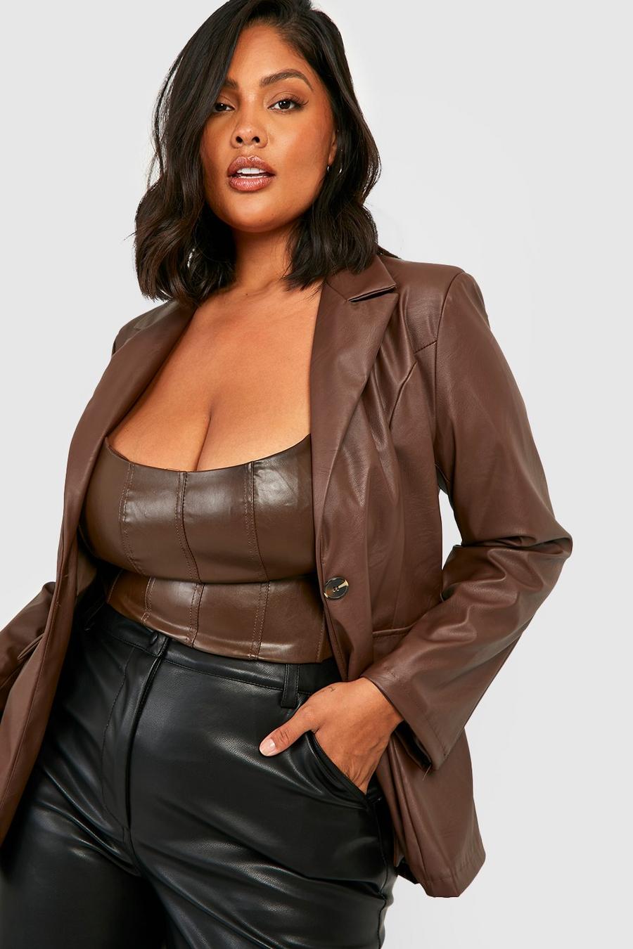 Chocolate brown Plus Faux Leather Oversized Blazer
