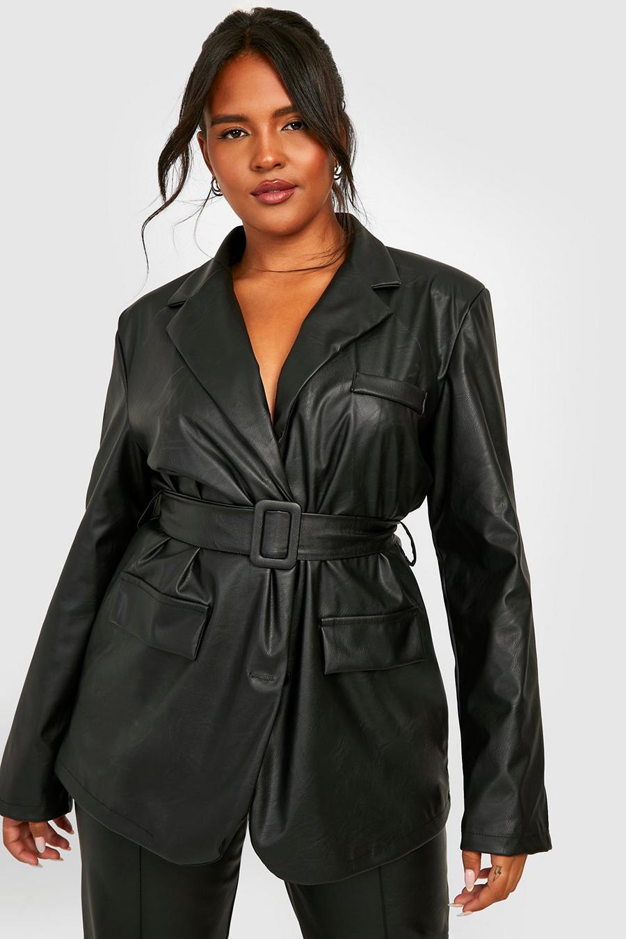 Black Plus Leather Look Belted Blazer image number 1