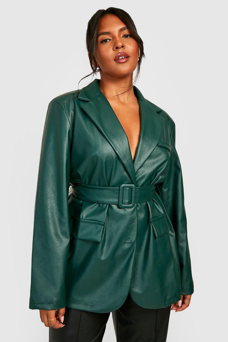 Bottle green Plus Faux Leather Belted Blazer image number 1