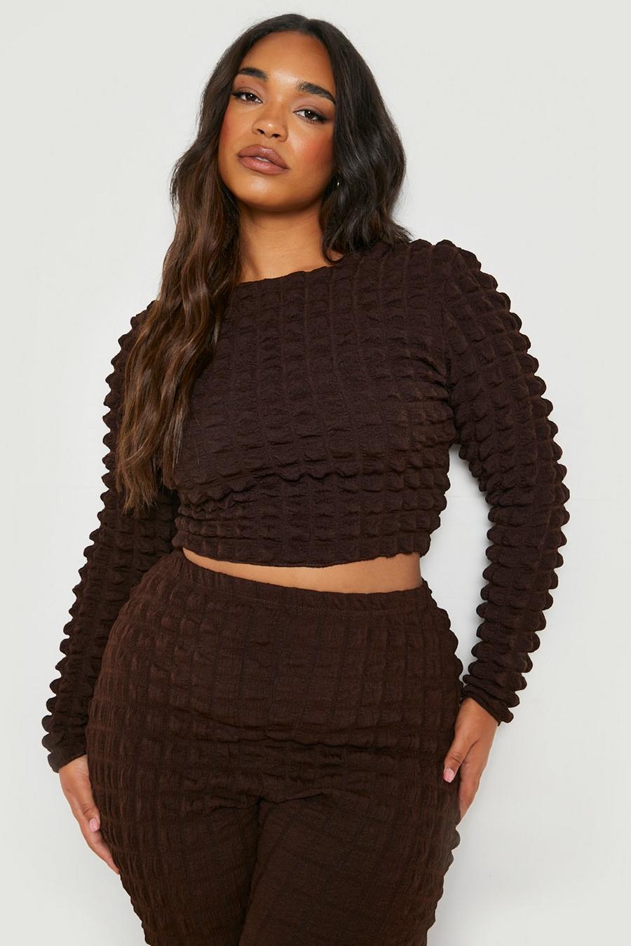 Chocolate brown Plus Bubble Jersey Long Sleeve Top