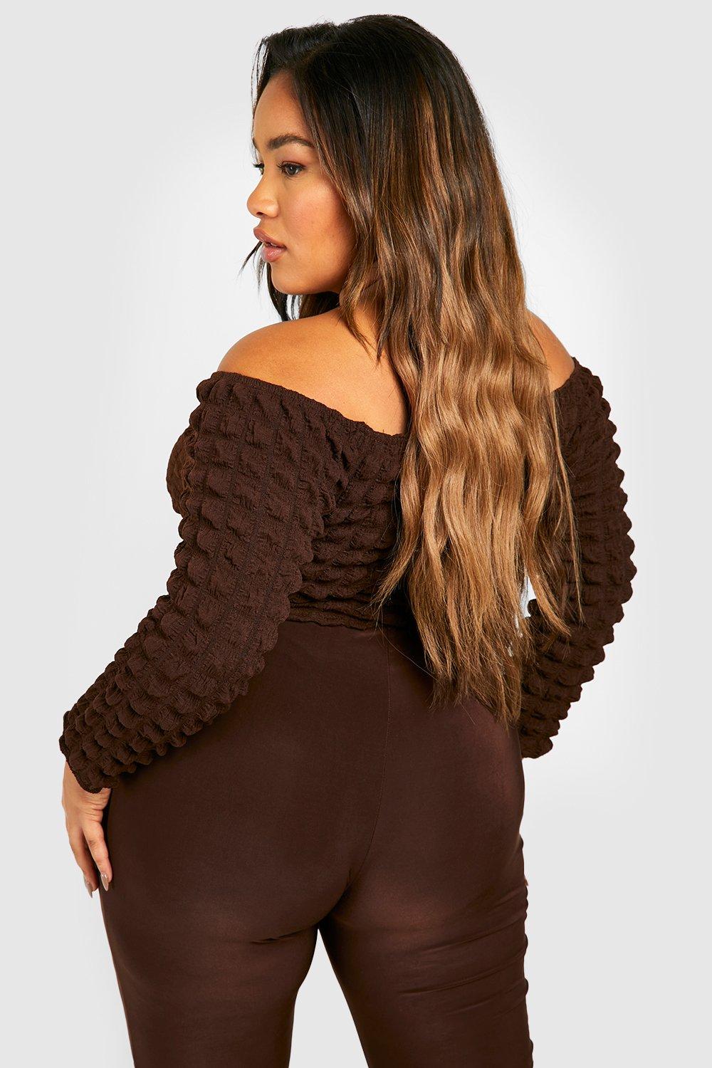 Brown Bubble Mesh Long Sleeve Bardot Top