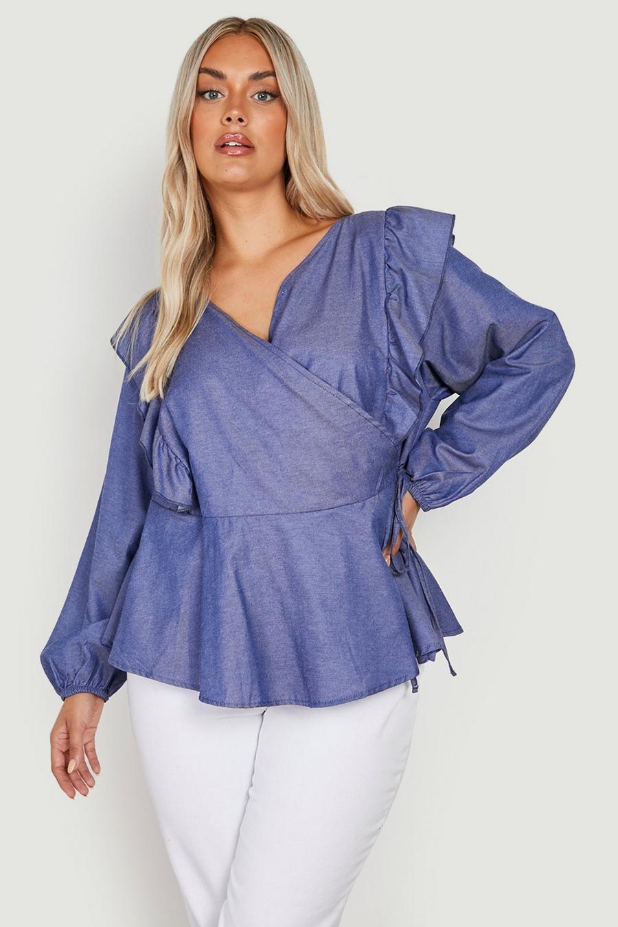 Dark blue Plus Chambray Wrap Top image number 1
