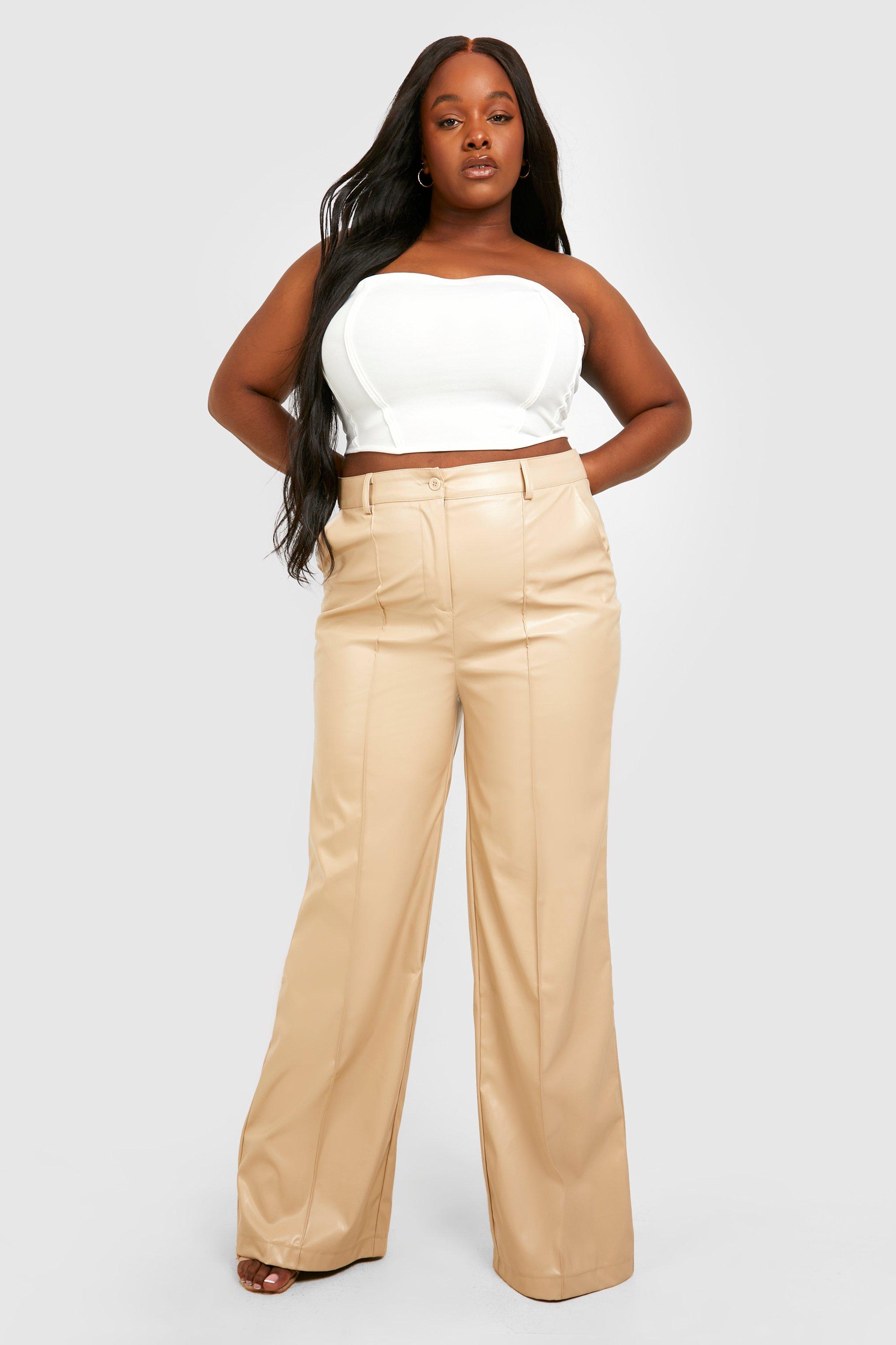 boohoo Plus Button High Waisted Wide Leg Pants - Beige - Size 22