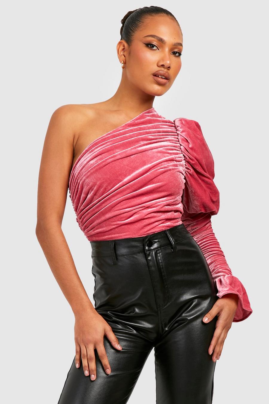Pink Velvet Ruched Puff Sleeve Bodysuit