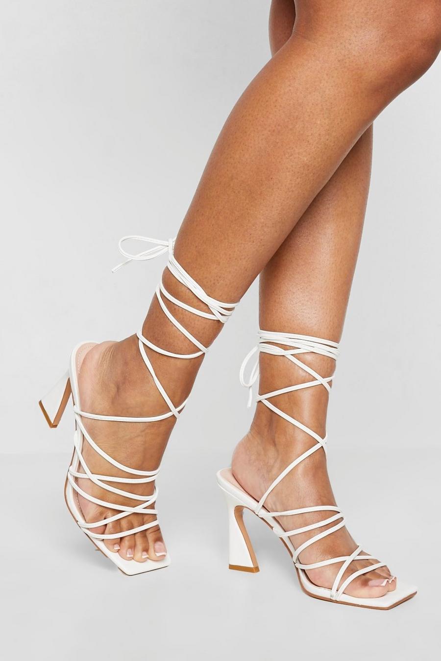 White weiß Strappy Flared High Heel Sandal
