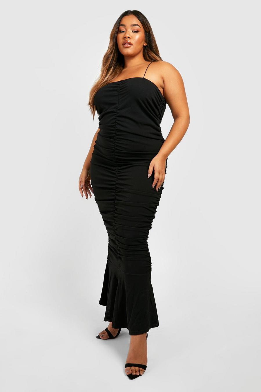 Black Plus Ruched Detail Fishtail Midaxi Dress image number 1
