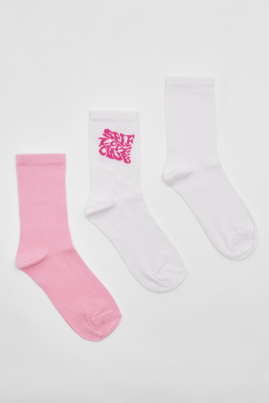 Lot de 3 paires de chaussettes de sport à slogan Self Love Club, Pink image number 1