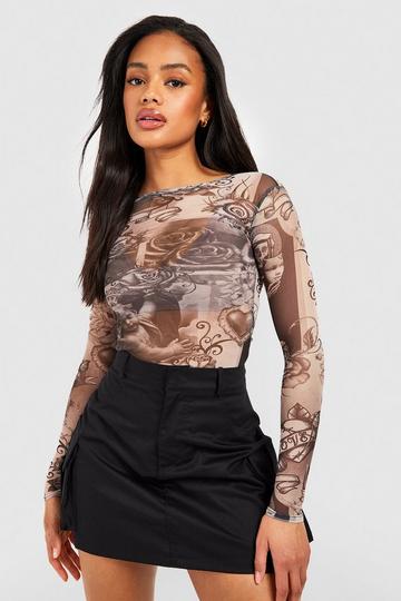 Printed Mesh Long Sleeve Top grey