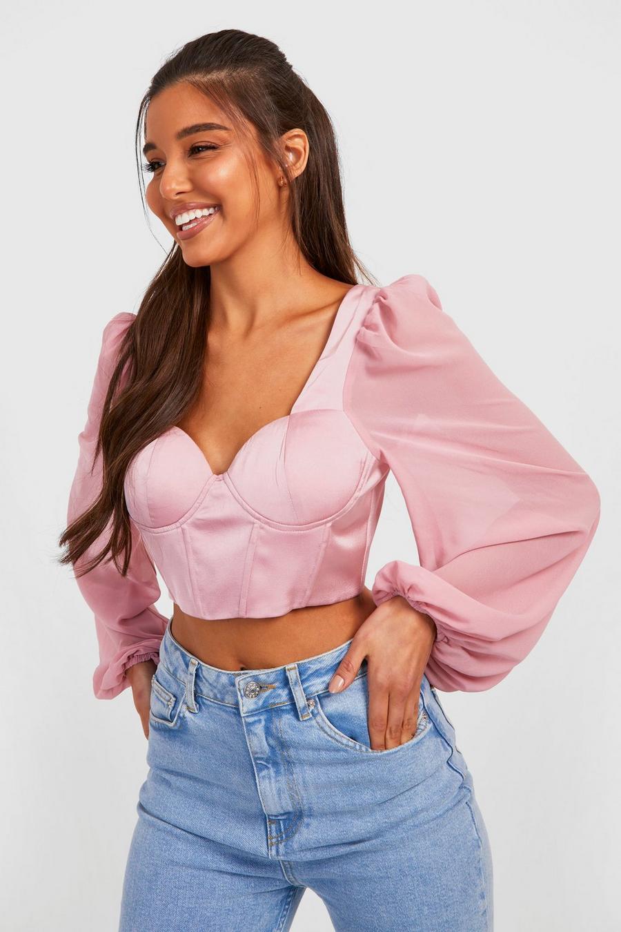Dusty rose pink Balloon Sleeve Cupped Crop Corset