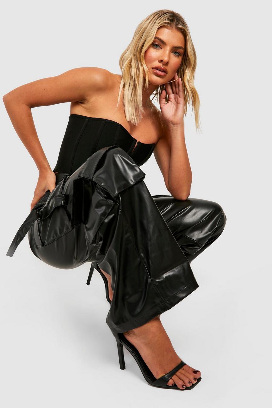Black High Waisted Leather Look Cargo Trousers