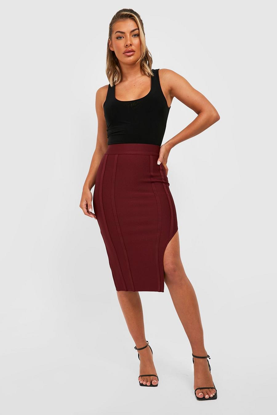 Wine Premium Bandage Thigh Split Midi Skirt image number 1