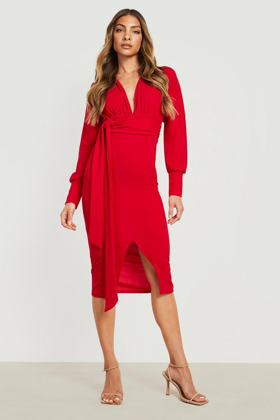 Red Plunge Tie Waist Midi Dress image number 1