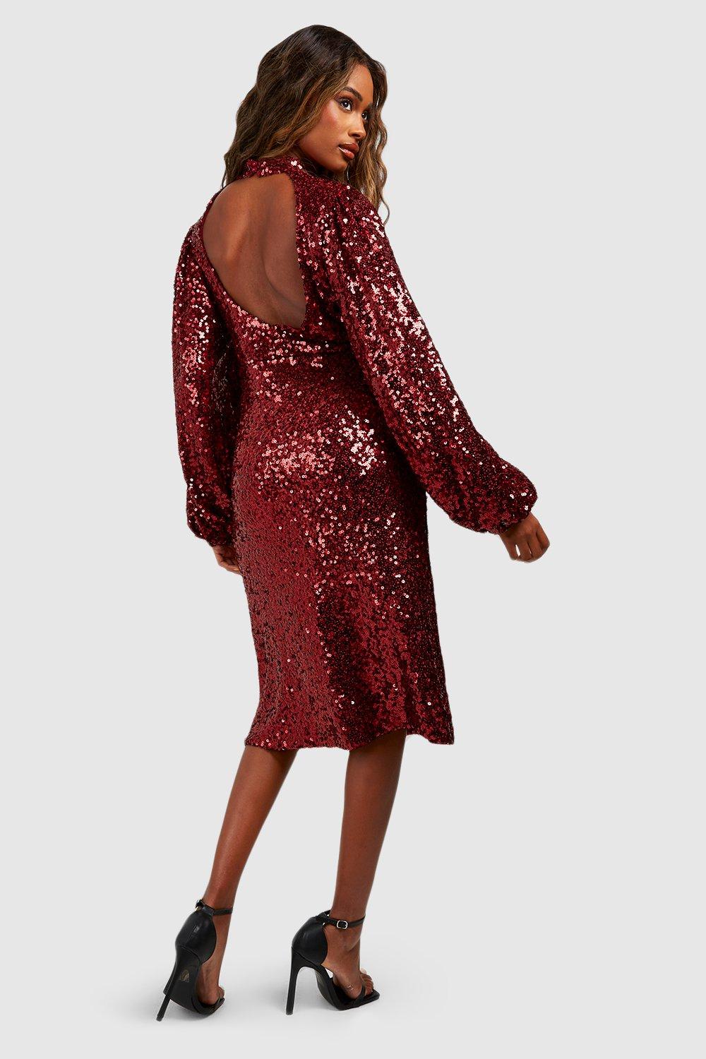 Women s Sequin Blouson Sleeve Midi Party Dress Boohoo UK