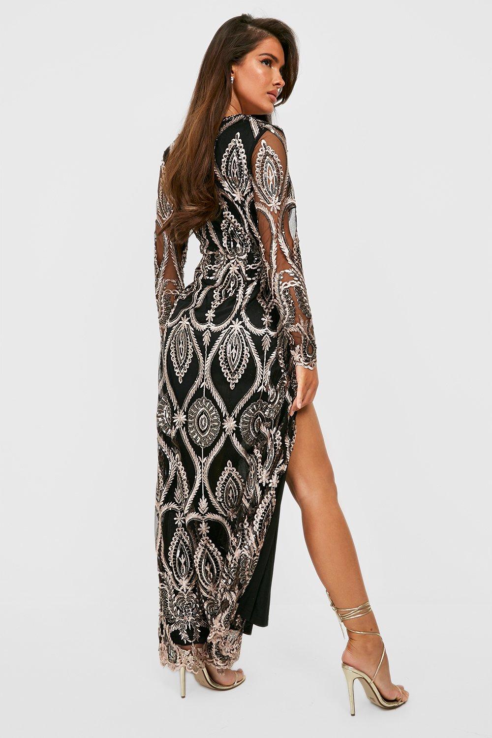 Damask Plunge Maxi Party Dress